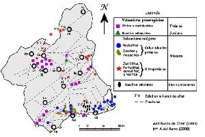 Distribucin de los afloramientos de rocas volcnicas y subvolcnicas en la Regin de Murcia.