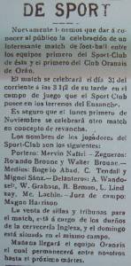 Anuncio del partido entre el Sport y el Foot Ball Club Orannais