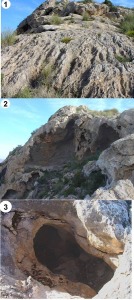 Detalle de las formas crsticas de disolucin; 1- lapiaz, 2- abrigos, 3- galera