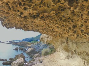 Erosi�n alveolar en la cornisa generada por la erosi�n de la base de las areniscas. Las oquedades se ven favorecidas por la presencia de rizolitos huecos