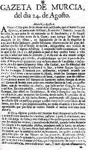 Gazeta de Murcia 24 de agosto de 1706. Pgina 1