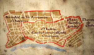 Plano de la distribuci�n en la ciudad de Murcia de las comunidades cristiana, isl�mica y jud�a